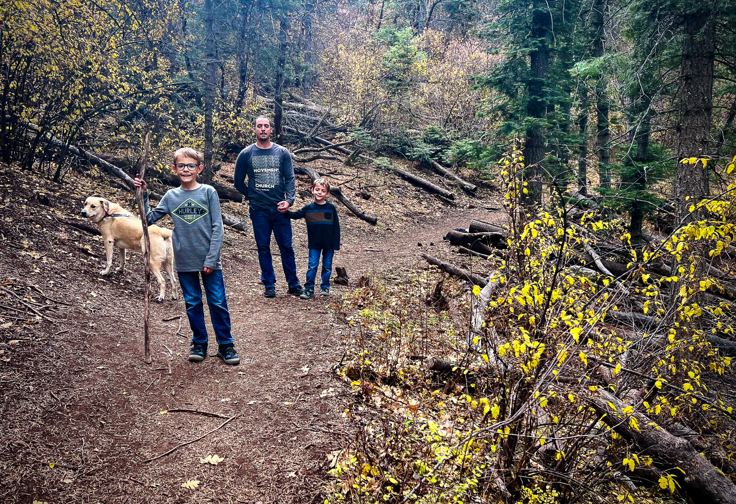 Three people and a dog hike on a wooded trail. One person holds a stick. The ground is covered in leaves.