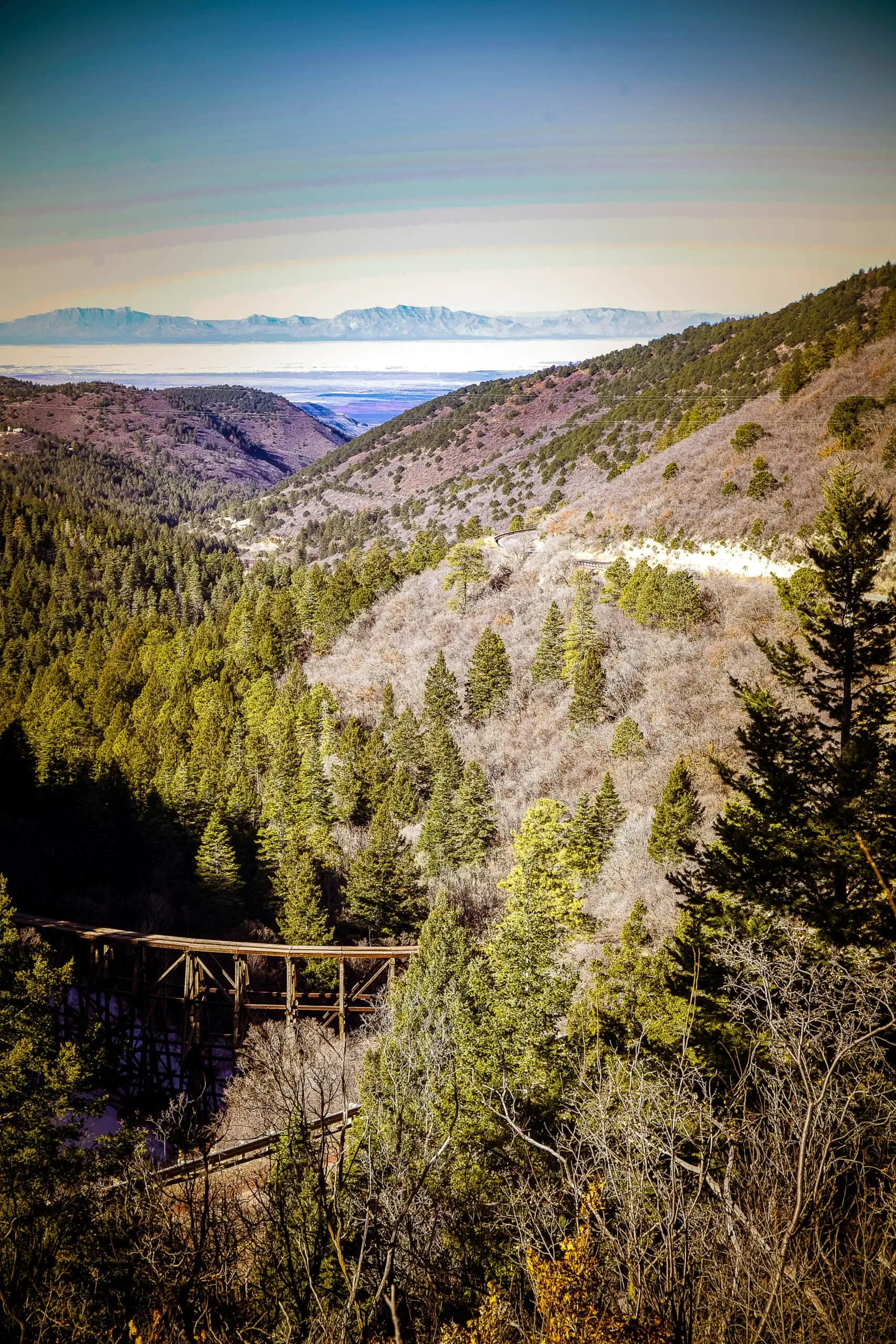 Mountain landscape with dense forest, a wooden bridge, and a distant view of a lake under a clear sky.